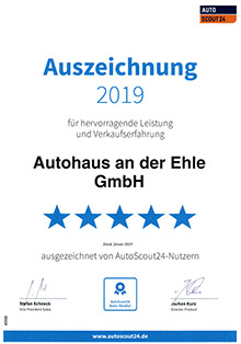 Autohaus an der Ehle in Möckern, Auszeichung für hervorragende Leistung und Verkaufserfahrung 2019